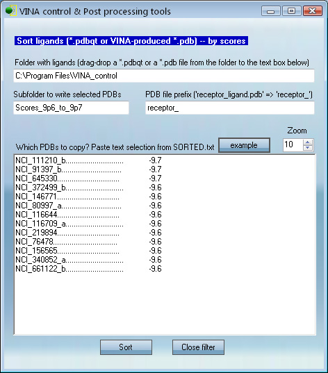 VcPpt cluster docked results by energy GUI panel